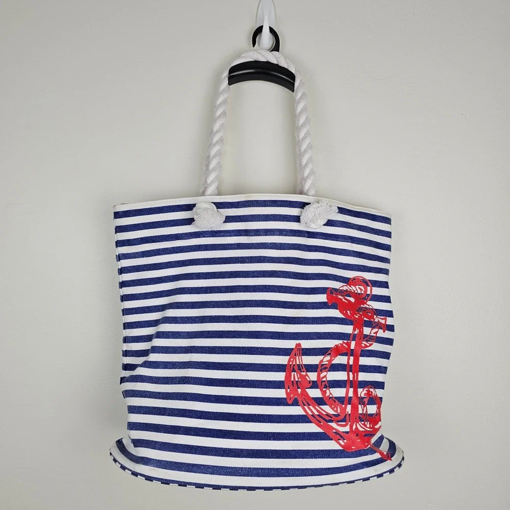 Nautical Rope Handle Canvas Tote Bag Women OS Blue Striped Anchor